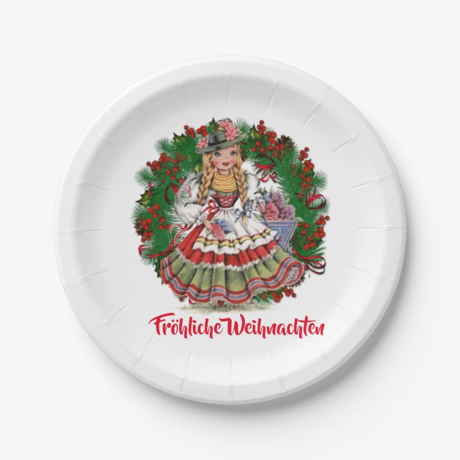 Fröhliche Weihn Merry Christmas German Retro Doll Paper Plate (Front)