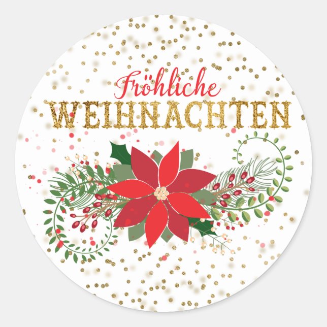 Frohliche Weihnachten Gold Glitter Poinsettia Xmas Classic Round Sticker (Front)