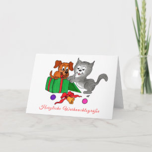 Fröhliche Weihnachten, Hund und Katze auf Deutsch Holiday Card
