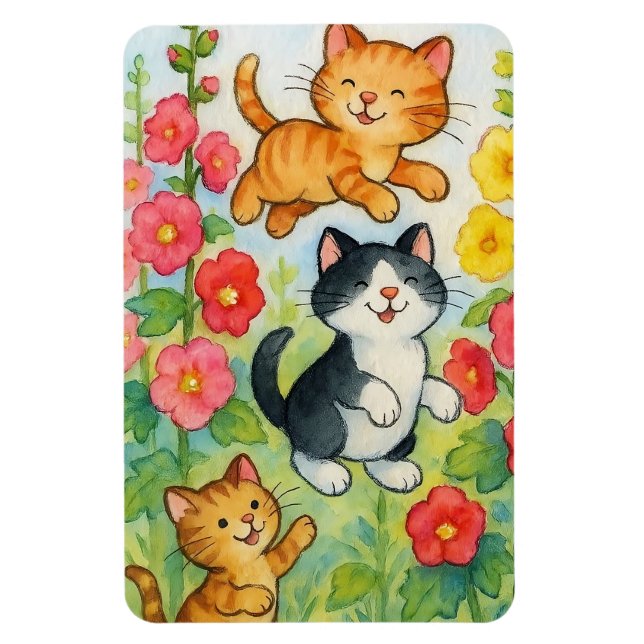 Frolicking Country Cats in Flower Garden Magnet (Vertical)