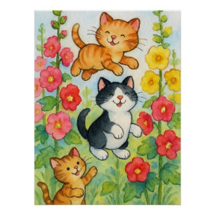 Frolicking Country Cats in Flower Garden Poster
