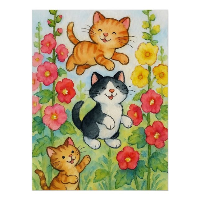 Frolicking Country Cats in Flower Garden Poster (Front)