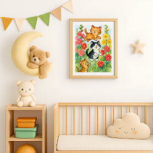 Frolicking Country Cats in Flower Garden Poster