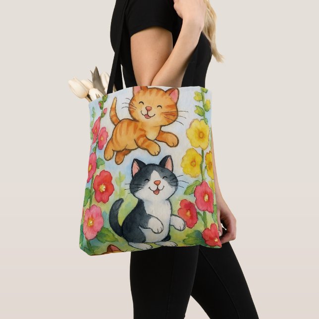 Frolicking Country Cats in Garden Tote Bag (Close Up)