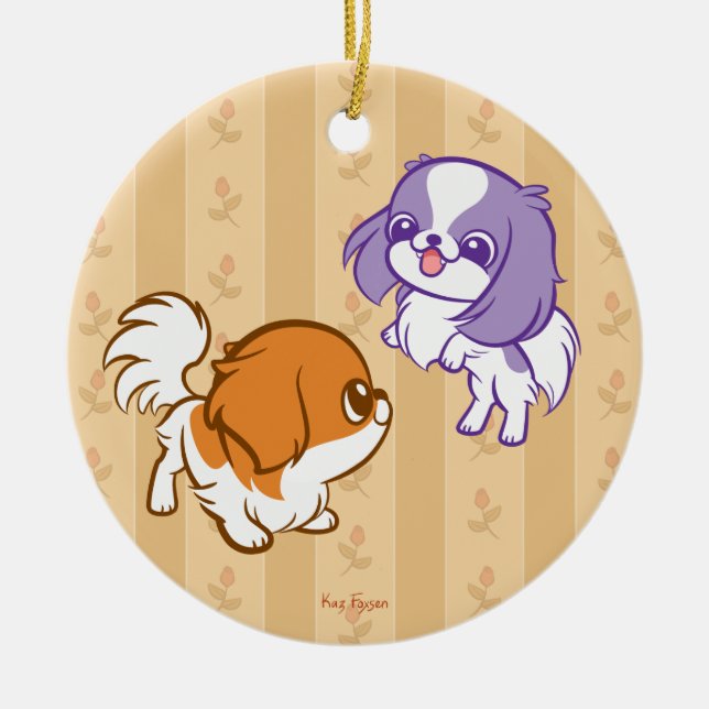Frolicking Kawaii Puppies Japanese Chin Ceramic Ornament (Front)