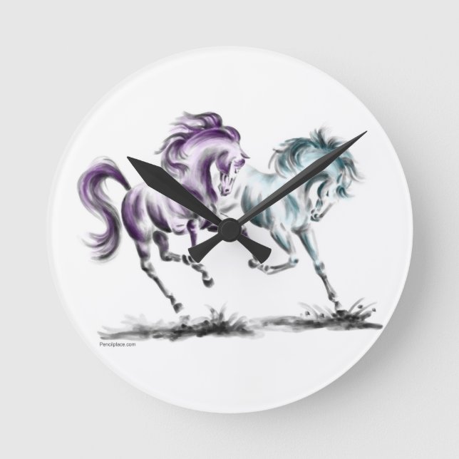 Frolicking Racing Wild Horses Round Clock (Front)