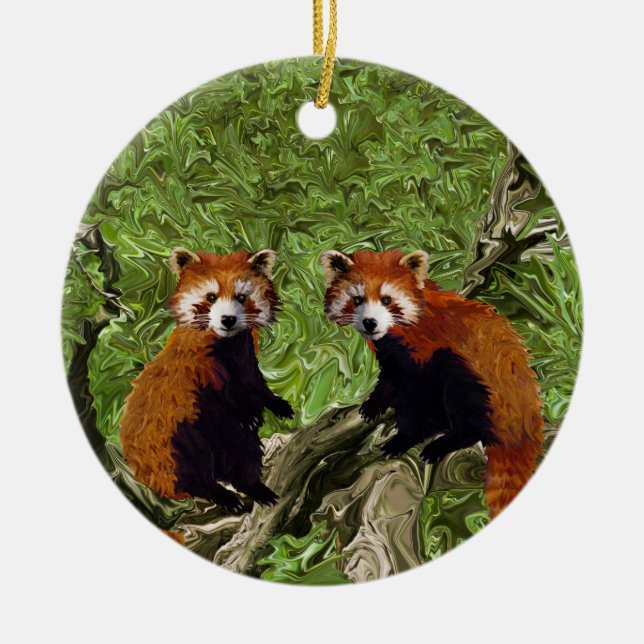 Frolicking Red Pandas Ceramic Tree Decoration (Front)