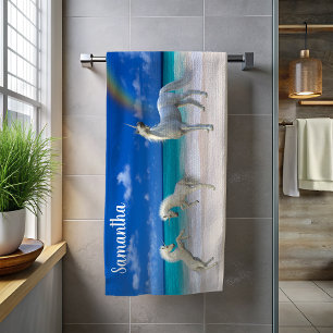 Frolicking Unicorn Foals on the Beach Personalised Towel