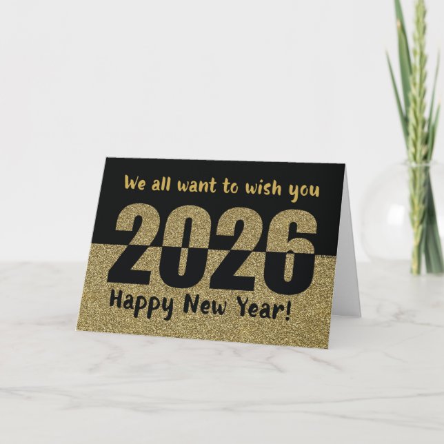 From All of Us Happy New Year 2026, Gold Glitter  Holiday Card (Front)