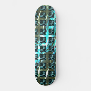 From distance sees cyan fish scale, closely chess? skateboard