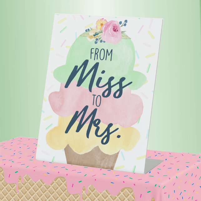 From Miss to Mrs. Ice Cream Bridal Shower Pedestal Sign (From Miss to Mrs Watercolor Ice Cream Bridal Shower Pedestal Table Sign)