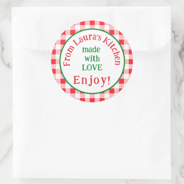 From NAME Kitchen with Love Red Check  Classic Round Sticker (Bag)