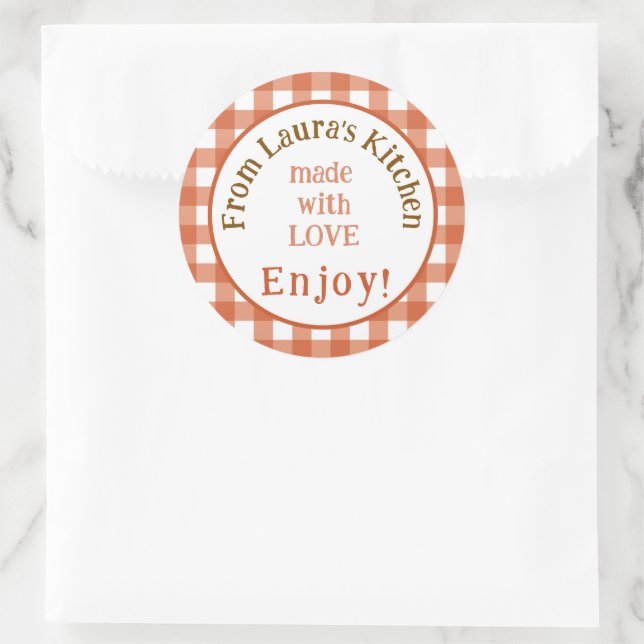 From NAME Kitchen with Love Rust Check  Classic Round Sticker (Bag)