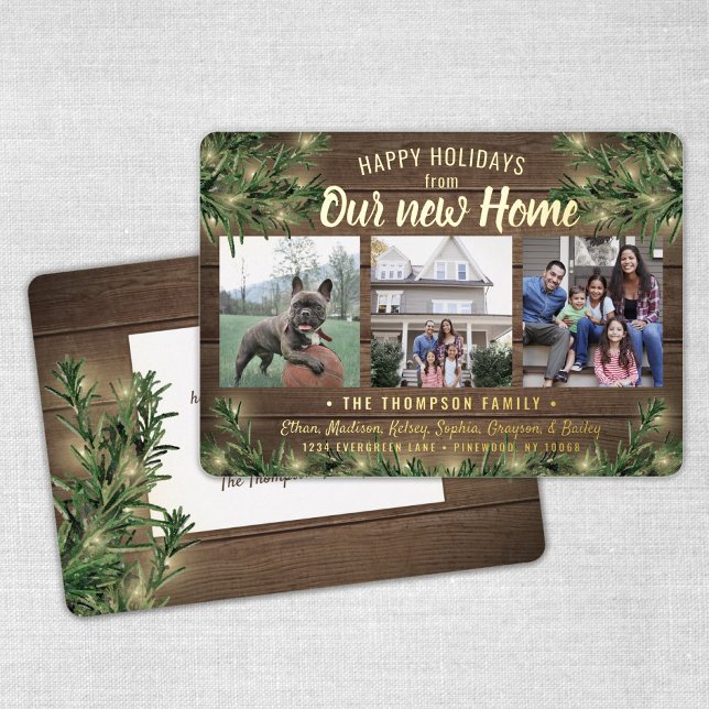 From New Home 3 Photo Christmas Greenery & Lights Foil Holiday Card (Creator Uploaded)