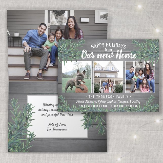 From New Home 4 Photo Grey Wood Christmas Folded Holiday Card (Creator Uploaded)