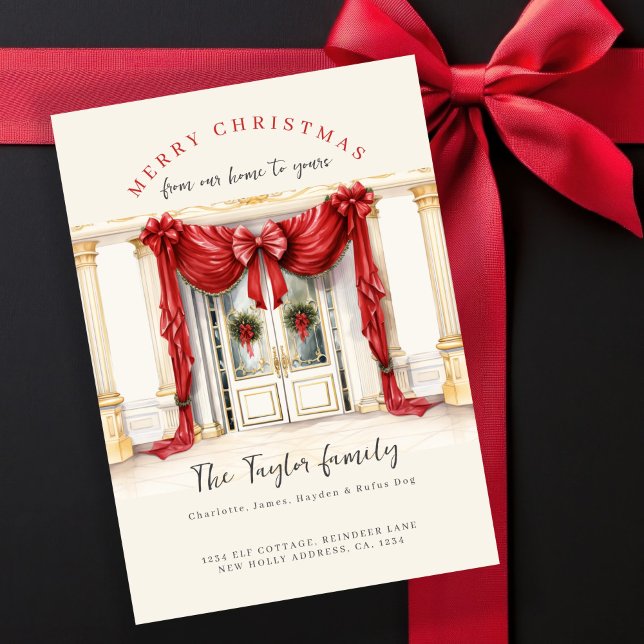 From Our Home to Yours Christmas Holiday Card (From Our Home to Yours Christmas Holiday Card by Ricaso Stunning door with big red bow and wreaths)