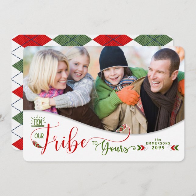 From Our Tribe to Yours Red and Green Photo Holiday Card (Front/Back)