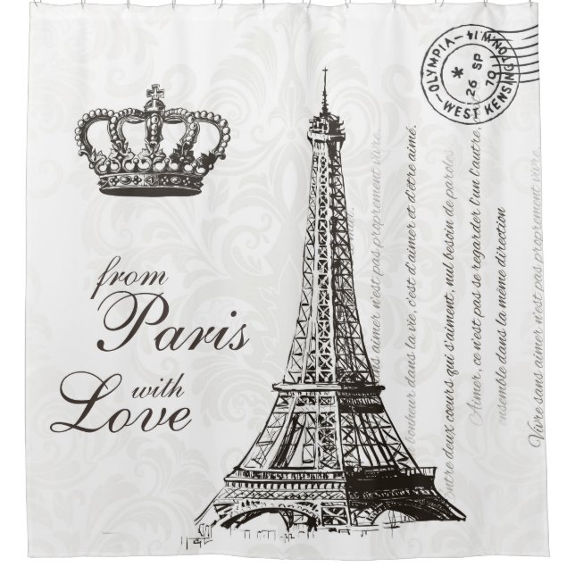 From Paris with Love Black and White Travel Decor Shower Curtain (Front)