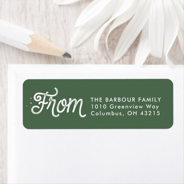 From retro script green holiday return address label (Insitu)
