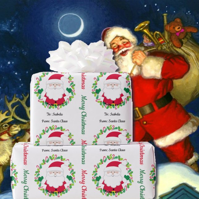 From Santa Claus Add Kid's Name Christmas Wreath  Wrapping Paper (Creator Uploaded)