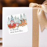 From Santa Claus Kids Christmas Square Sticker<br><div class="desc">Kids father christmas stickers featuring a minimilist white background,  elegant watercolor pine trees,  santa claus with his reindeers,  snowfall,  and a text template for you to personalise.</div>