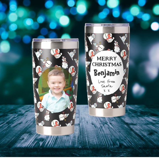 From Santa Kids Name And Photo | Black Snowman Insulated Tumbler (Front And Back)