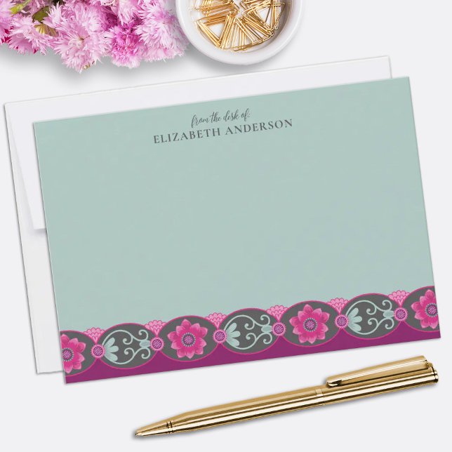 From the Desk of Pretty Teal Floral Card (Elegant teal floral personalized note cards. Personalize them with your name.)