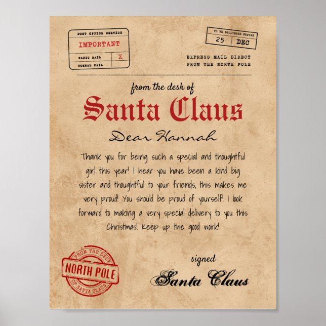 From the desk of Santa Claus Vintage Santa Letter Poster (Front)