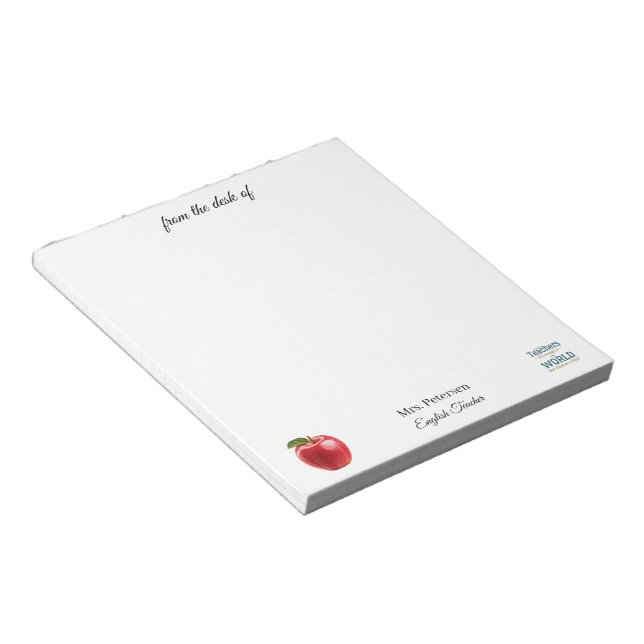 From the desk of teacher name red apple quote notepad (Angled)