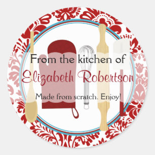 From The Kitchen Damask Aqua and Red Classic Round Sticker