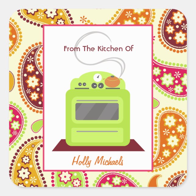 From The Kitchen Of...Bright Green Stove & Paisley Square Sticker (Front)