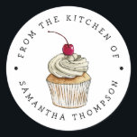 From the Kitchen Of | Cupcake Custom Classic Round Sticker<br><div class="desc">Custom sticker for the bakers and cooks that like to bake/cook and gift to others, or for those who do that professionally. There is an illustration of a vanilla cupcake with whipped cream and cherry in the middle. There is text that goes around in circle that says "From the kitchen...</div>
