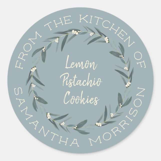 From The Kitchen Of | Eucalyptus Wreath Dusty Blue Classic Round Sticker (Front)