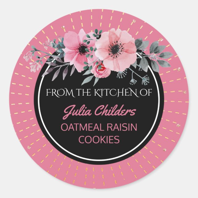 From the Kitchen of Name Baking Pink Floral Classic Round Sticker (Front)