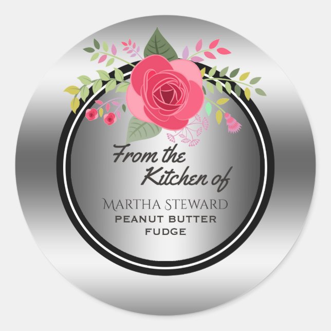 From the Kitchen of Name Elegant Pink Rose Silver Classic Round Sticker (Front)