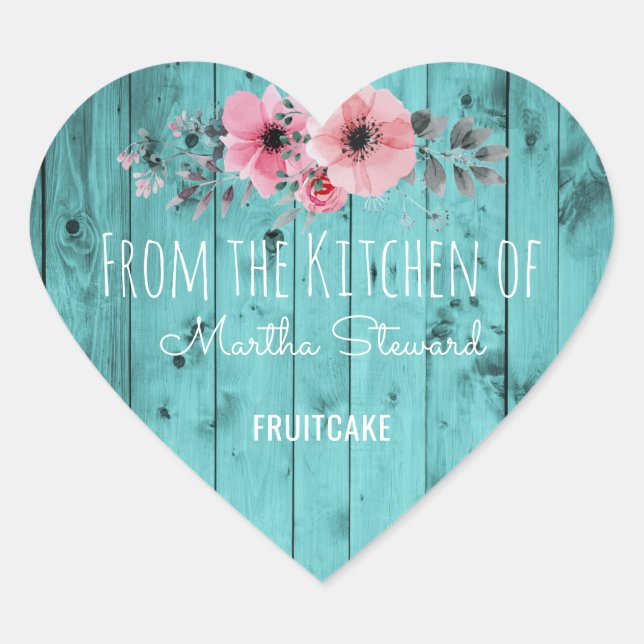 From the Kitchen Of Name Teal Rustic Country Wood Heart Sticker (Front)