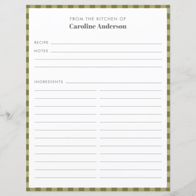 From The Kitchen | Olive Green Plaid Recipe Insert (Front)