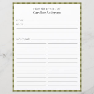 From The Kitchen   Olive Green Plaid Recipe Insert