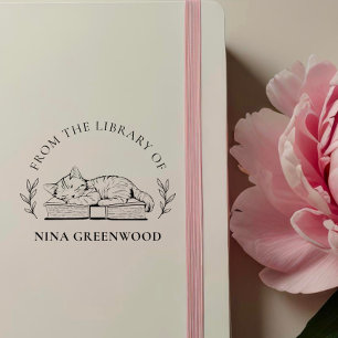 From the Library Of Cat on Book & Elegant Leaves Self-inking Stamp