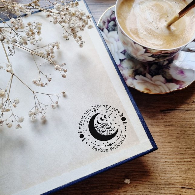 From the Library Of Moon & Mushrooms Ex Libris Rubber Stamp (From the library of - round stamp with moon phases, moon, and stars and mushrooms)