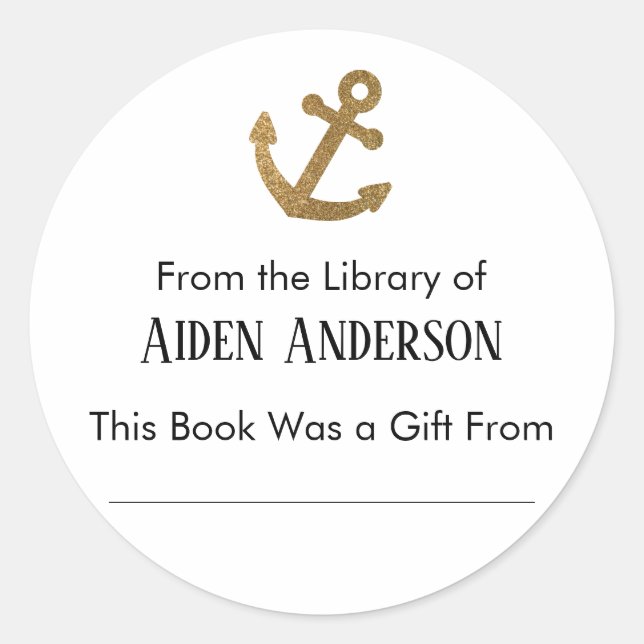 From the Library of Simple Gold Anchor Bookplate Classic Round Sticker (Front)