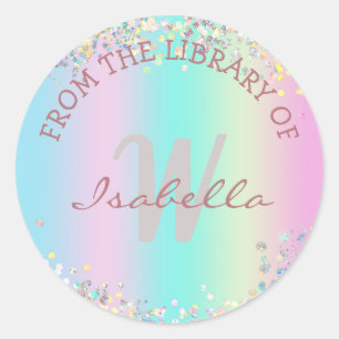 From the Library Of - Unicorn Holographic Glitter Classic Round Sticker