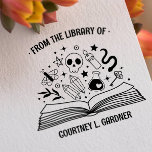 FROM THE LIBRARY OF YOUR NAME MAGIC BOOK RUBBER STAMP<br><div class="desc">Funny and chemistry inspired bookplate STAMP with your personalised name, perfect for adding a personal touch to your cherished book collection. The bookplate showcases a gracefully curved "From the Library of" inscription at the top, a stunning illustration of an opened magic book with flower and leaves, skull, star, snake and...</div>