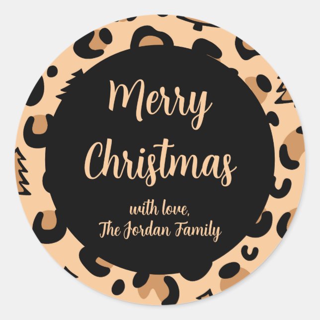 From Your Family, Leopard Print Christmas Pattern Classic Round Sticker (Front)