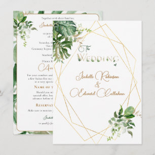 Front & Back Green Tropical Leaves Gold Geometric Invitation