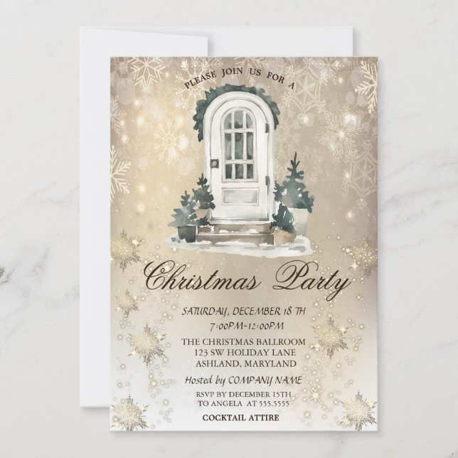 Front Door Pine Tree Snowflakes Gold Party  Invitation (Front)