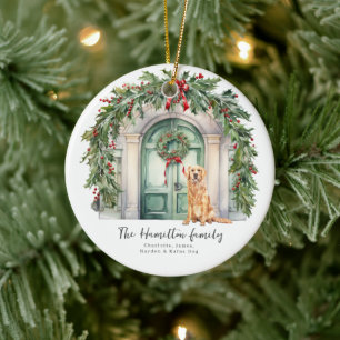 Front Door With Golden Retriever Christmas Ceramic Ornament