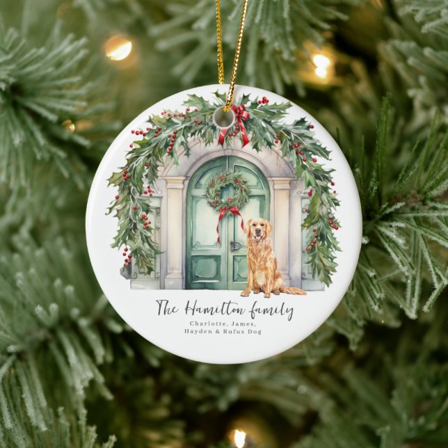 Front Door With Golden Retriever Christmas Ceramic Ornament (Tree)