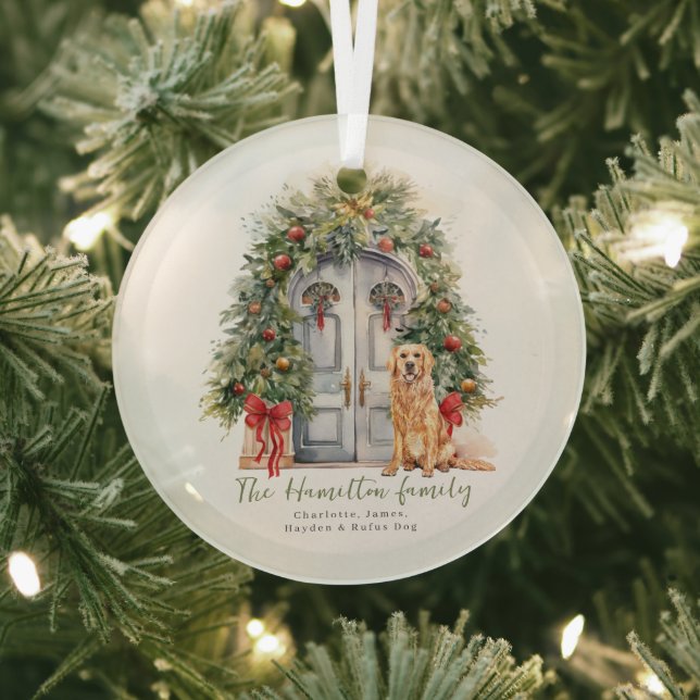 Front Door With Golden Retriever Christmas Glass Tree Decoration (Insitu)