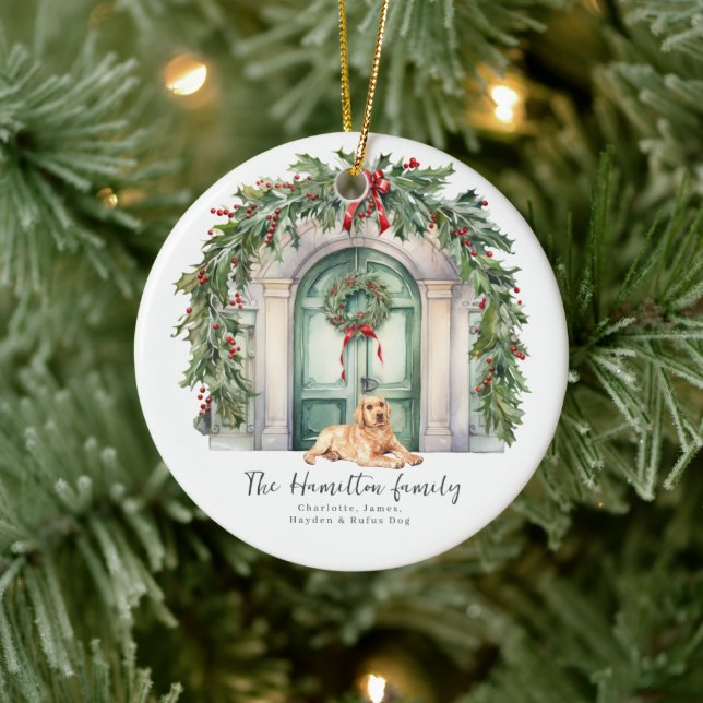 Front Door With Yellow Labrador Christmas Ceramic Ornament (Tree)